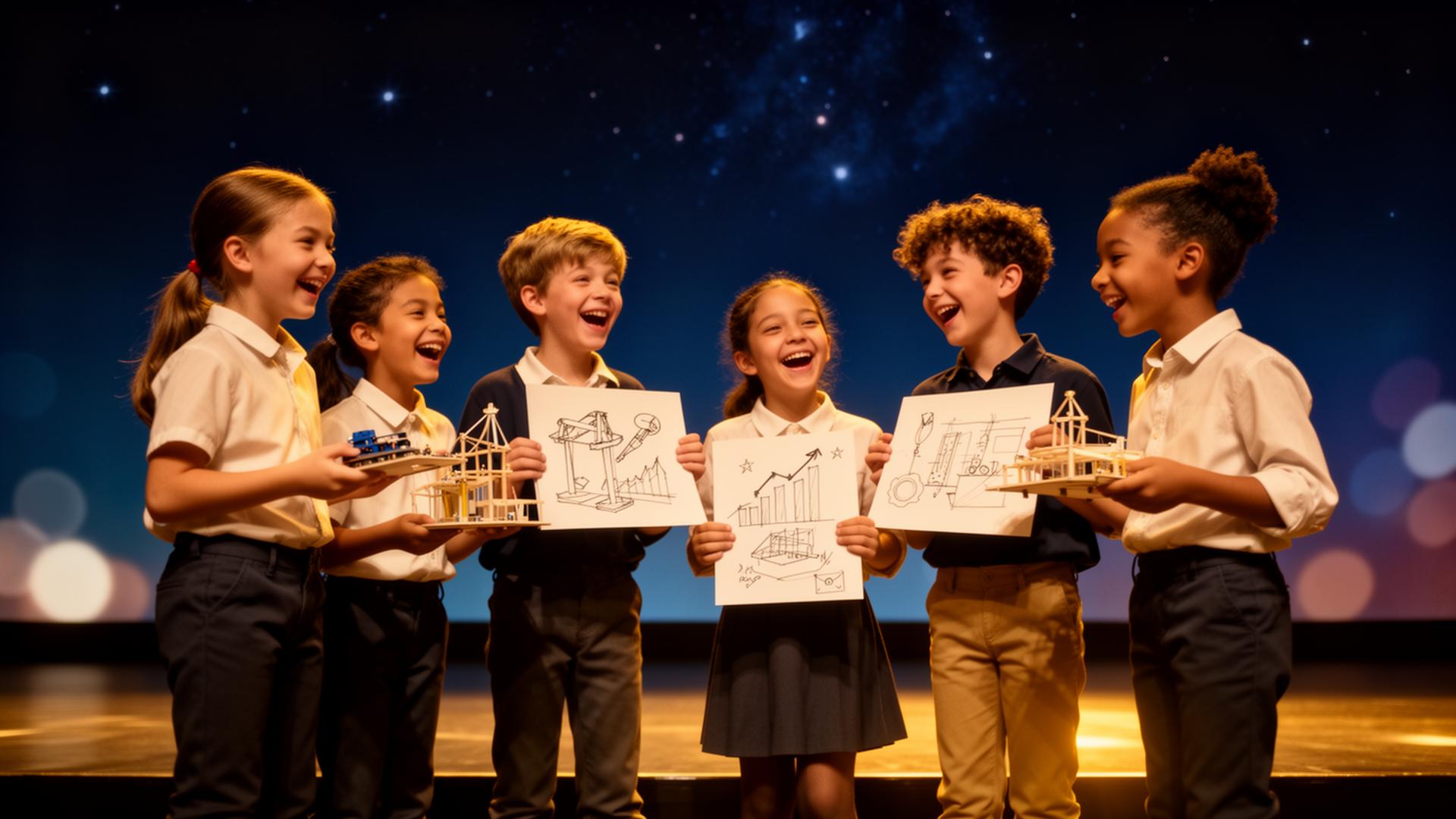 Diverse children confidently presenting ideas on stage at Camp SuperNova